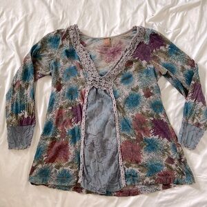 Language boho turquoise flower laced front v neck 3/4 sleeves tunic